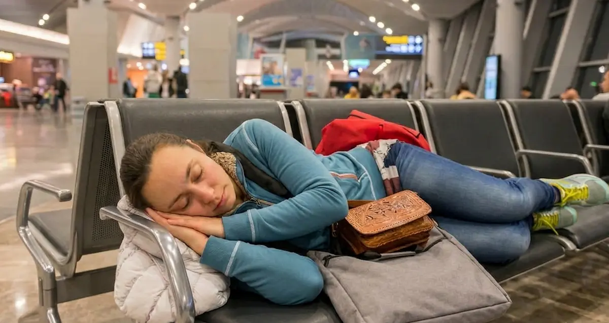 Traveler resting at a quiet gate area inside Hartsfield-Jackson Atlanta International Airport at night