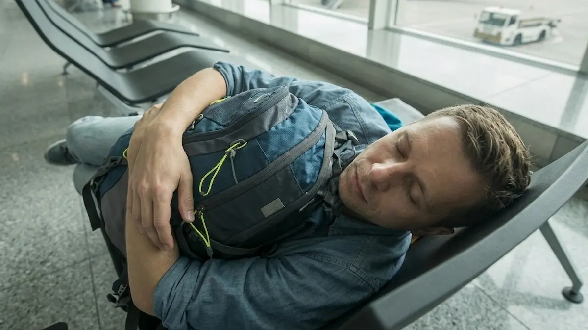 Traveler resting at a quiet gate area inside Bangkok Suvarnabhumi Airport at night