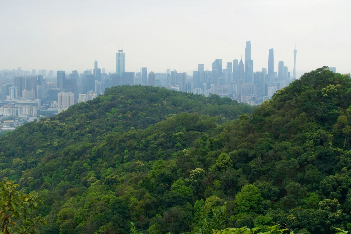 Green slopes of Baiyun Mountain with views over the Guangzhou skyline