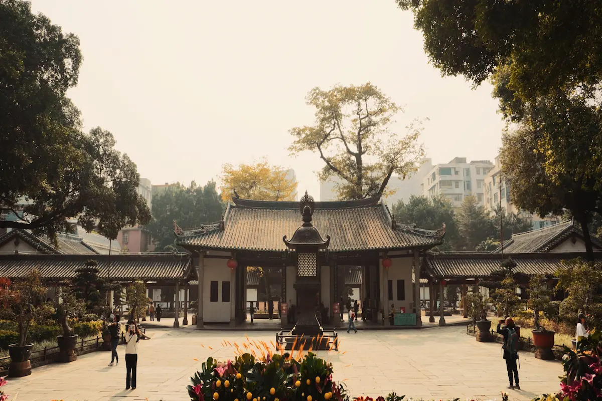Traditional Buddhist temple architecture and courtyard at Guangxiao Temple in Guangzhou