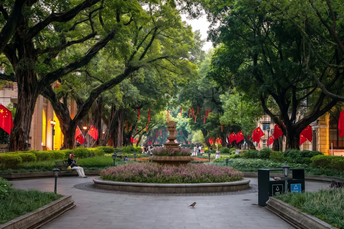 Historic European-influenced architecture along the tree-lined streets of Shamian Island Guangzhou