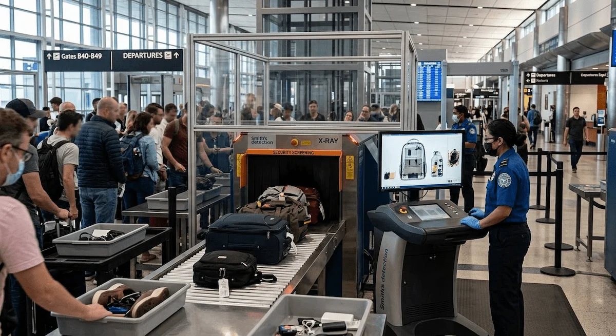 Airport border force officer conducting a baggage search in x-ray