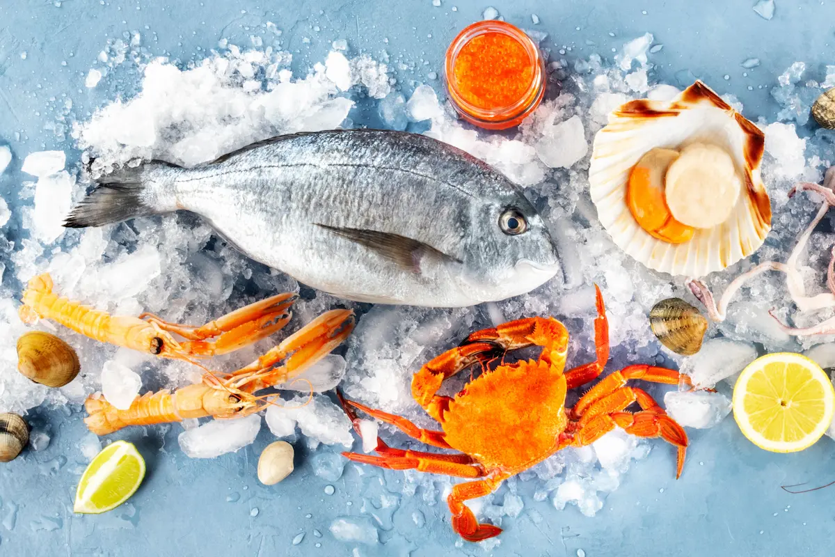 frozen seafood with melting dry ice