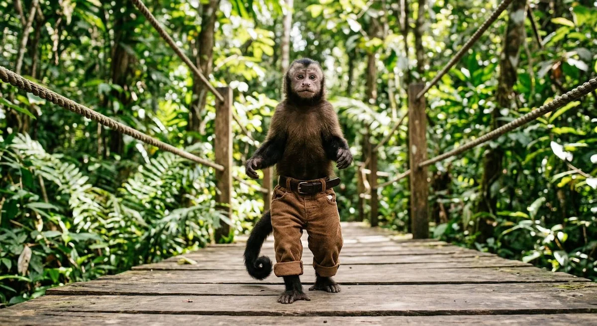 A monkey running in pants