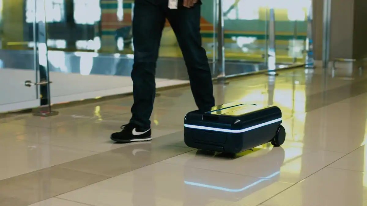 smart suitcase following a traveller
