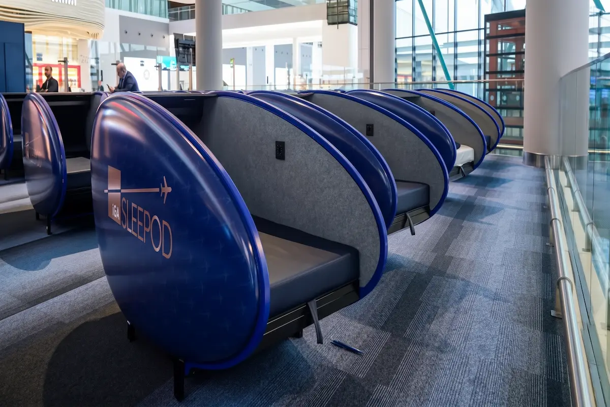 Sleeping pods for travellers inside an airport terminal