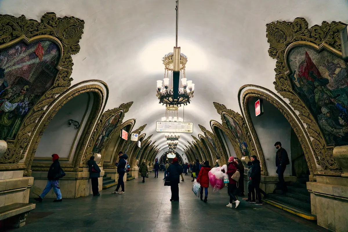 Ornate chandeliers in a Moscow Metro station