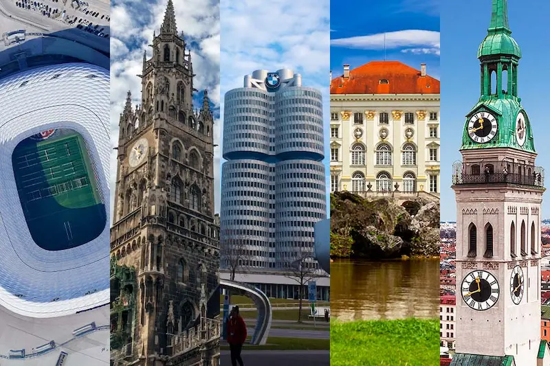Munich's skyline showing both traditional towers and modern BMW buildings