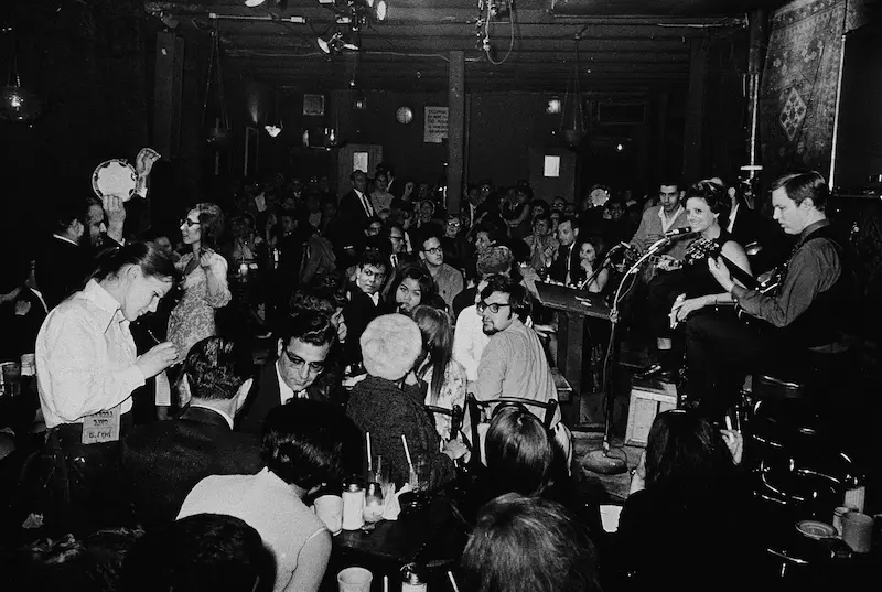 Small stage in a Greenwich Village folk café