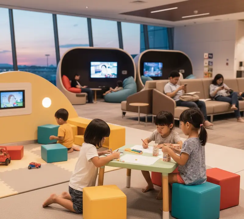 Family relaxing near a kids corner